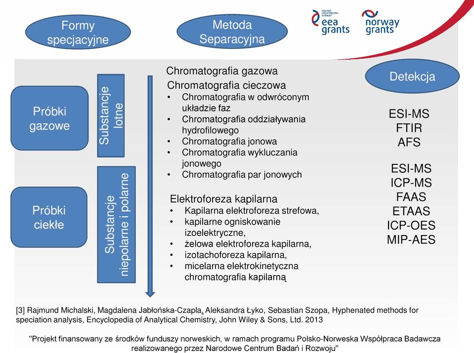 kapilarne ogniskowanie izoelektryczne, żelowa elektroforeza kapilarna, izotachoforeza kapilarna, micelarna elektrokinetyczna chromatografia kapilarną Detekcja ESI-MS FTIR AFS ESI-MS ICP-MS FAAS ETAAS