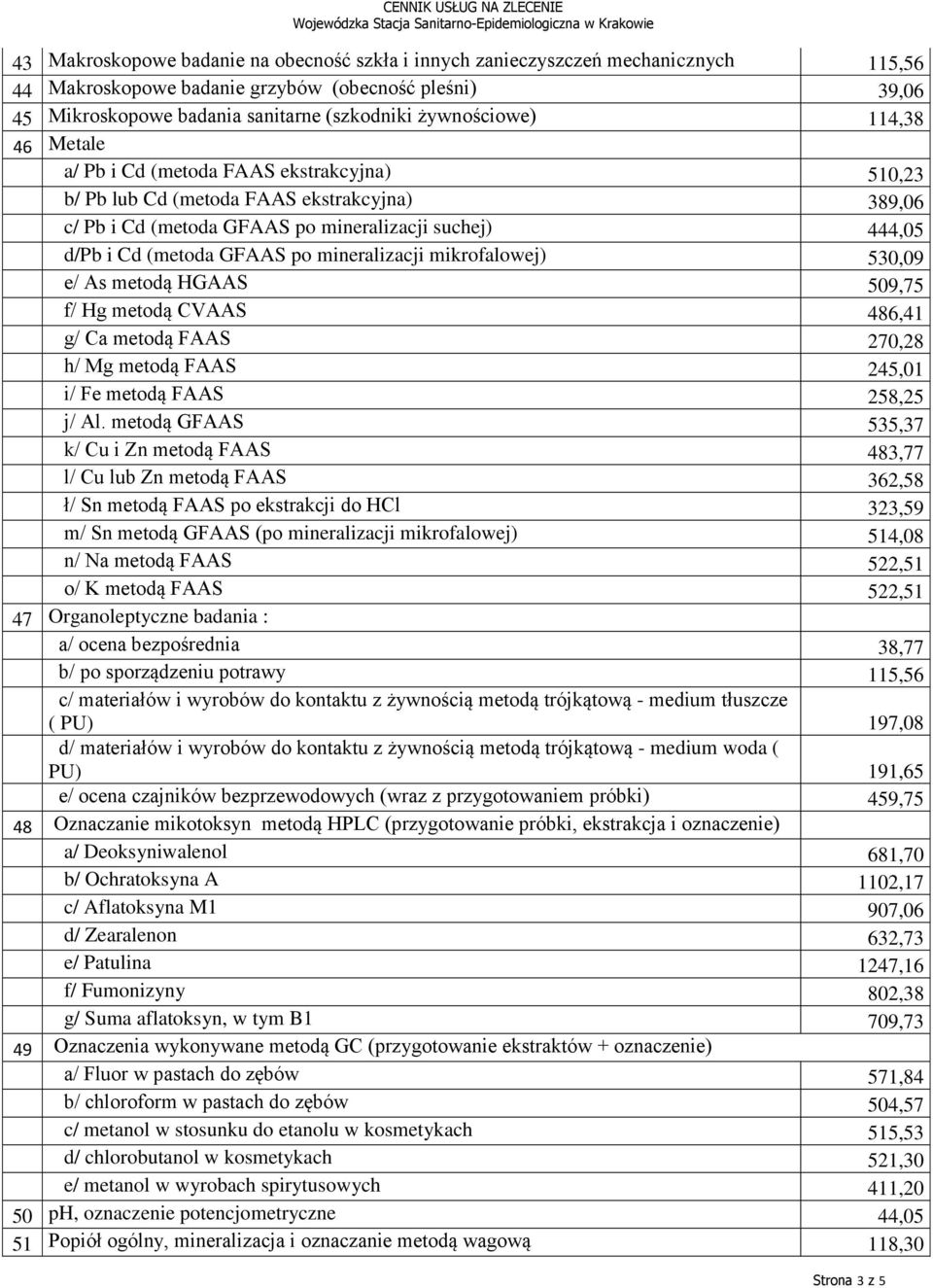 GFAAS po mineralizacji mikrofalowej) 530,09 e/ As metodą HGAAS 509,75 f/ Hg metodą CVAAS 486,41 g/ Ca metodą FAAS 270,28 h/ Mg metodą FAAS 245,01 i/ Fe metodą FAAS 258,25 j/ Al.