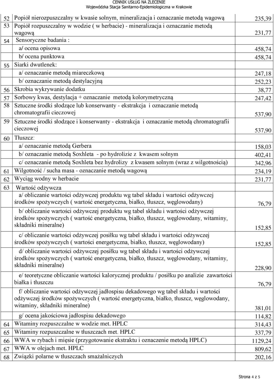 dodatku 38,77 57 Sorbowy kwas, destylacja + oznaczanie metodą kolorymetryczną 247,42 58 Sztuczne środki słodzące lub konserwanty - ekstrakcja i oznaczanie metodą chromatografii cieczowej 537,90 59