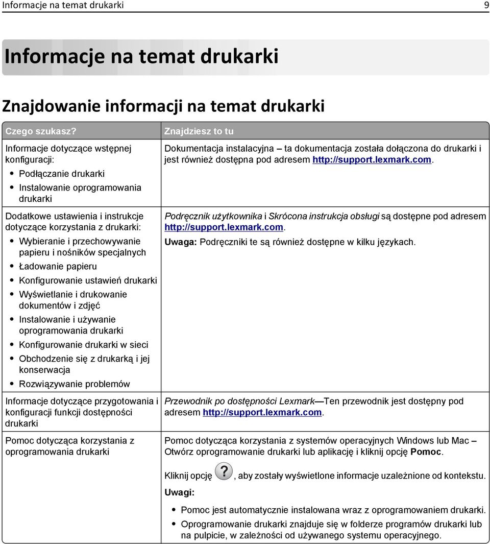 papieru i nośników specjalnych Ładowanie papieru Konfigurowanie ustawień drukarki Wyświetlanie i drukowanie dokumentów i zdjęć Instalowanie i używanie oprogramowania drukarki Konfigurowanie drukarki