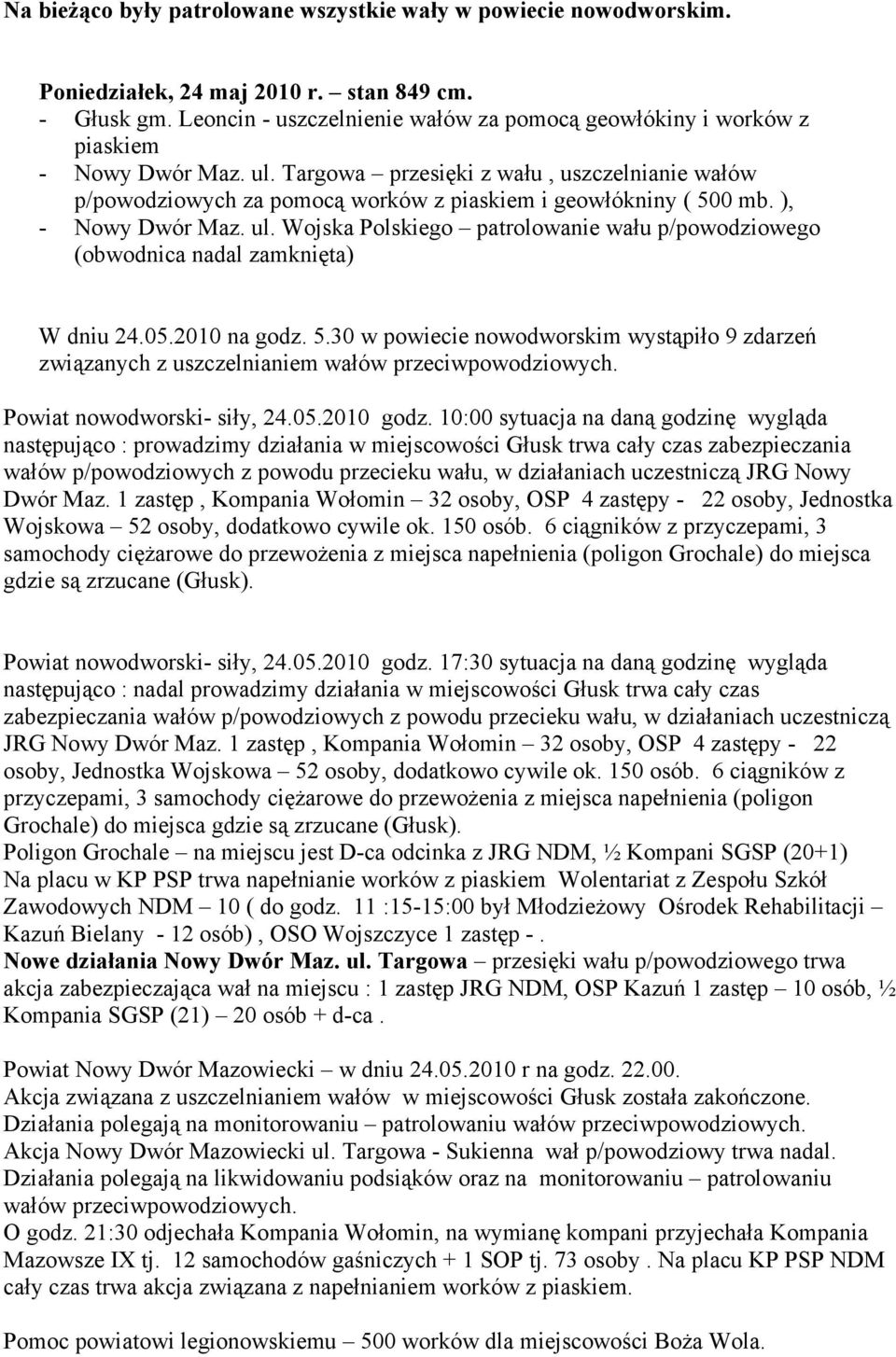 Targowa przesięki z wału, uszczelnianie wałów p/powodziowych za pomocą worków z piaskiem i geowłókniny ( 500 mb. ), - Nowy Dwór Maz. ul.