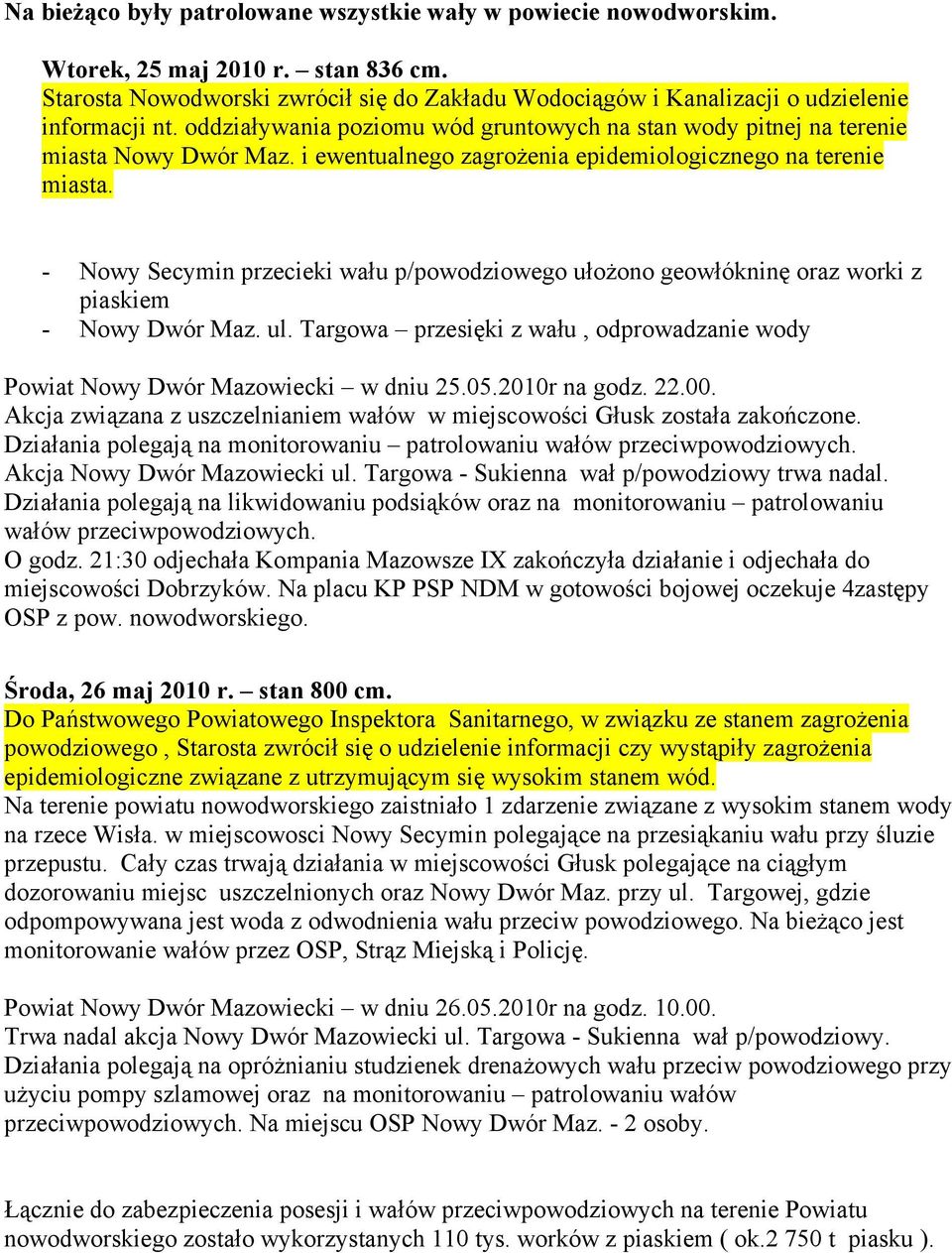 - Nowy Secymin przecieki wału p/powodziowego ułożono geowłókninę oraz worki z piaskiem - Nowy Dwór Maz. ul. Targowa przesięki z wału, odprowadzanie wody Powiat Nowy Dwór Mazowiecki w dniu 25.05.