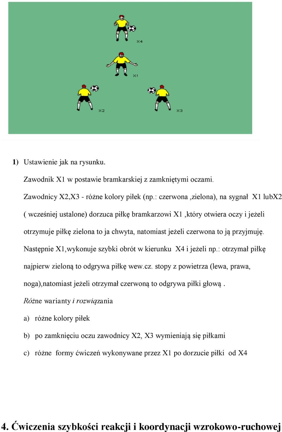 przyjmuję. Następnie X1,wykonuje szybki obrót w kierunku X4 i jeżeli np.: otrzymał piłkę najpierw zieloną to odgrywa piłkę wew.cz.