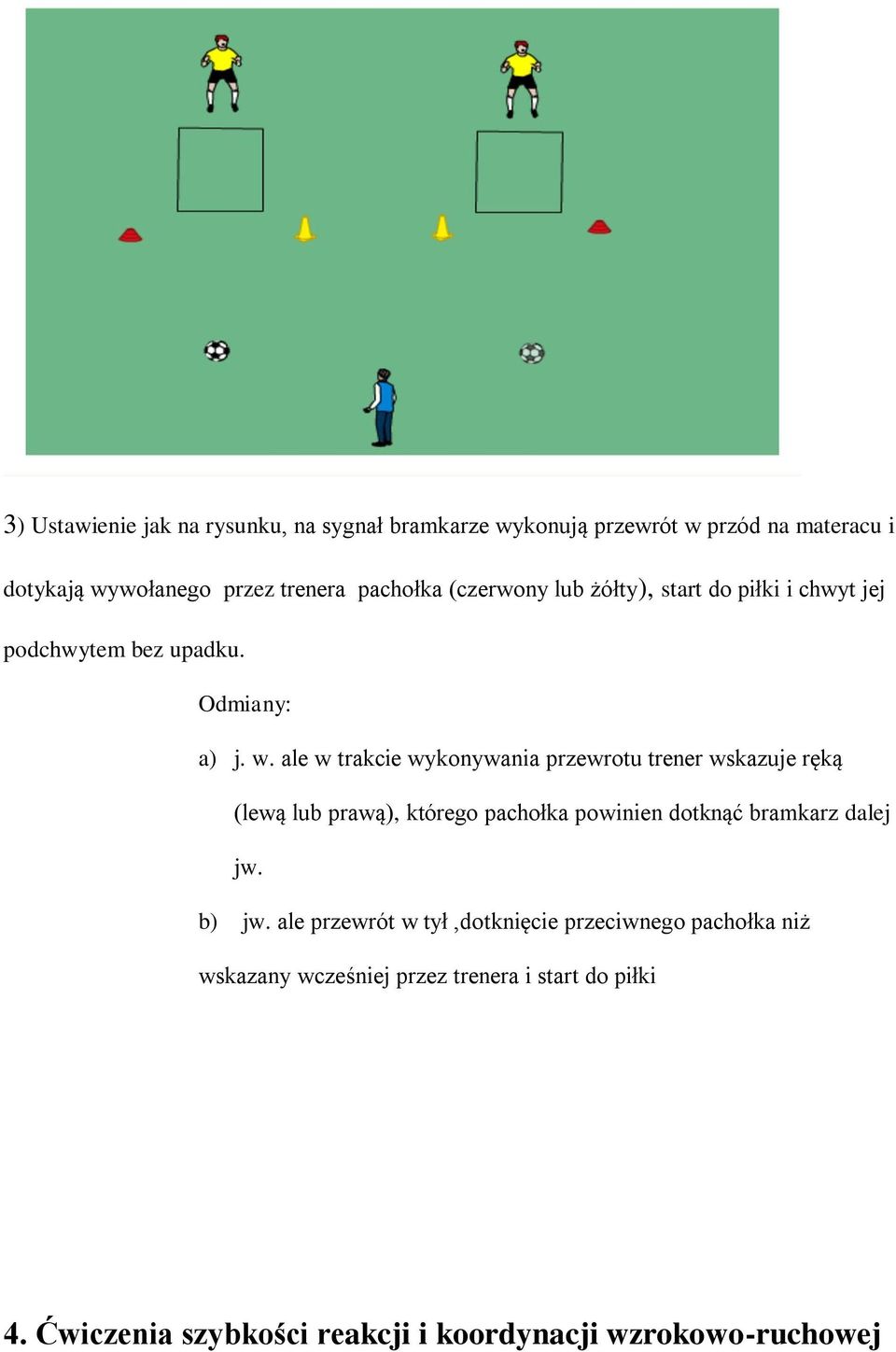 ale w trakcie wykonywania przewrotu trener wskazuje ręką (lewą lub prawą), którego pachołka powinien dotknąć bramkarz dalej jw.