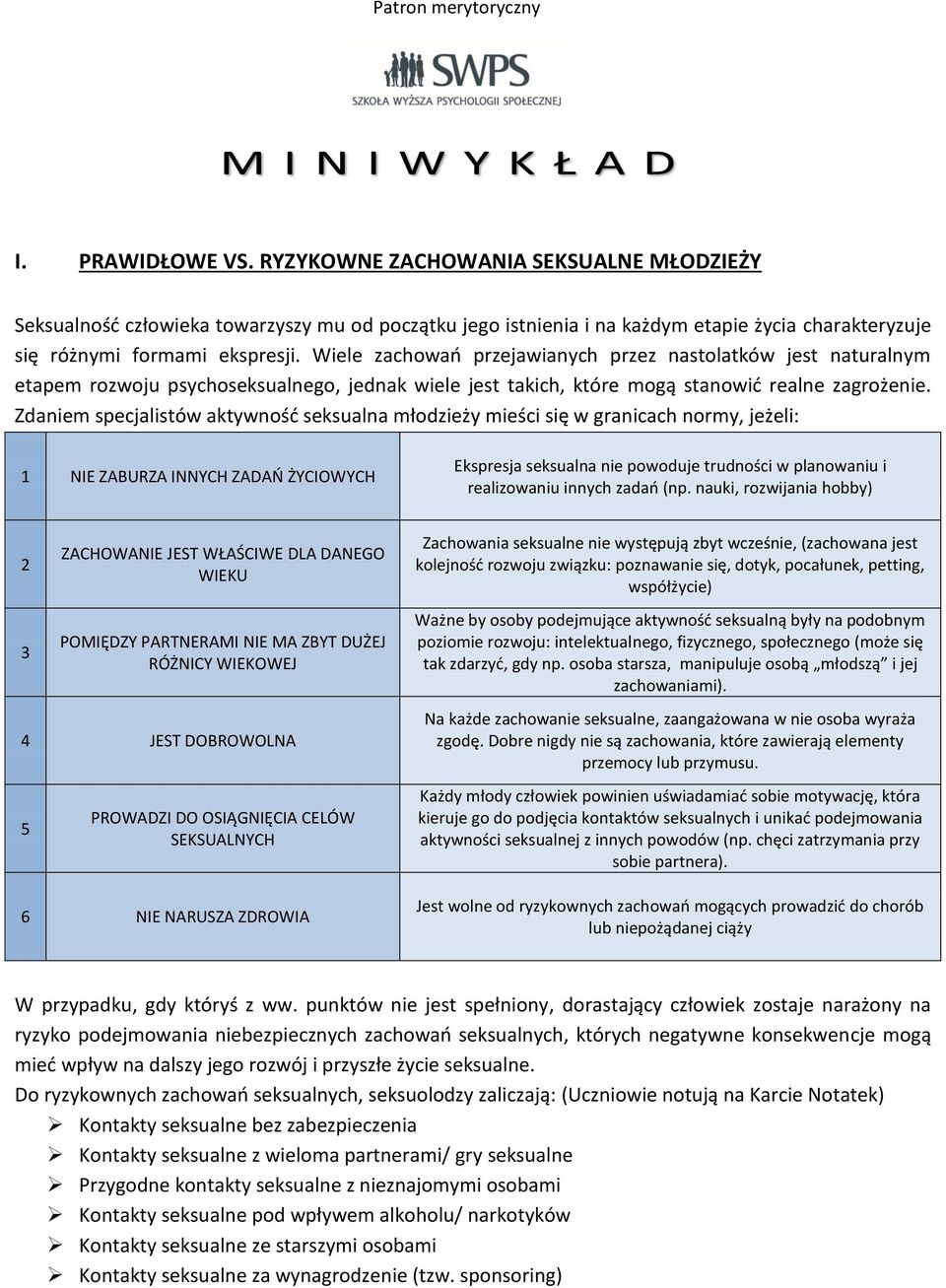 Zdaniem specjalistów aktywność seksualna młodzieży mieści się w granicach normy, jeżeli: 1 NIE ZABURZA INNYCH ZADAŃ ŻYCIOWYCH Ekspresja seksualna nie powoduje trudności w planowaniu i realizowaniu