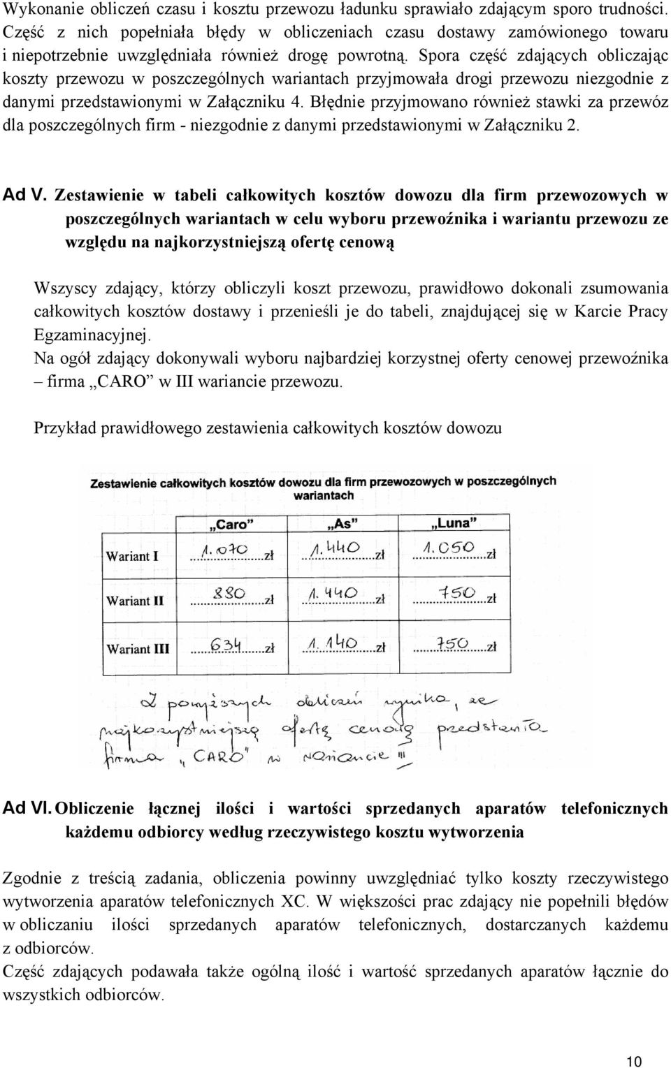 Spora część zdających obliczając koszty przewozu w poszczególnych wariantach przyjmowała drogi przewozu niezgodnie z danymi przedstawionymi w Załączniku 4.