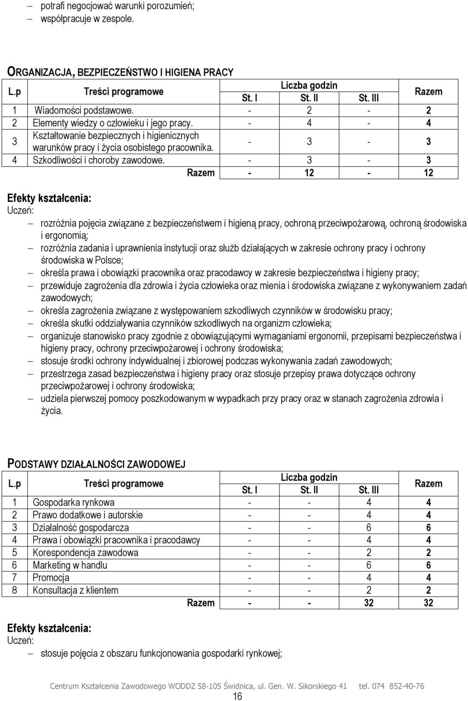 - 3-3 Razem - 12-12 Efekty kształcenia: rozróżnia pojęcia związane z bezpieczeństwem i higieną pracy, ochroną przeciwpożarową, ochroną środowiska i ergonomią; rozróżnia zadania i uprawnienia