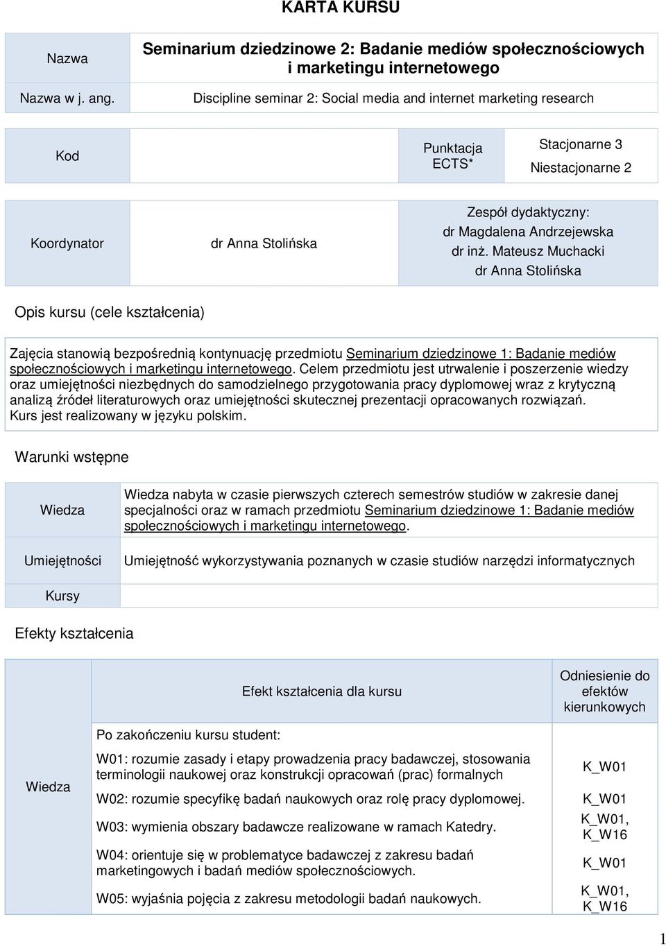 Niestacjonarne 2 Koordynator dr Anna Stolińska Zespół dydaktyczny: dr Magdalena Andrzejewska dr inż.