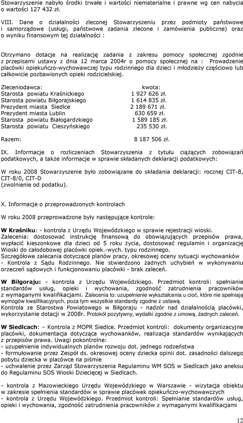 dotacje na realizację zadania z zakresu pomocy społecznej zgodnie z przepisami ustawy z dnia 12 marca 2004r o pomocy społecznej na : Prowadzenie placówki opiekuńczo-wychowawczej typu rodzinnego dla