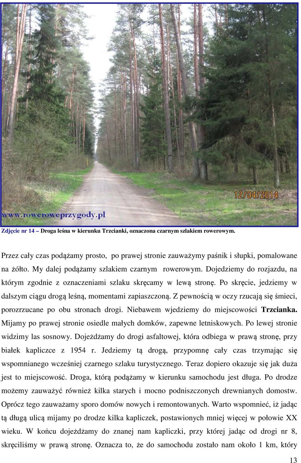 Po skręcie, jedziemy w dalszym ciągu drogą leśną, momentami zapiaszczoną. Z pewnością w oczy rzucają się śmieci, porozrzucane po obu stronach drogi. Niebawem wjedziemy do miejscowości Trzcianka.