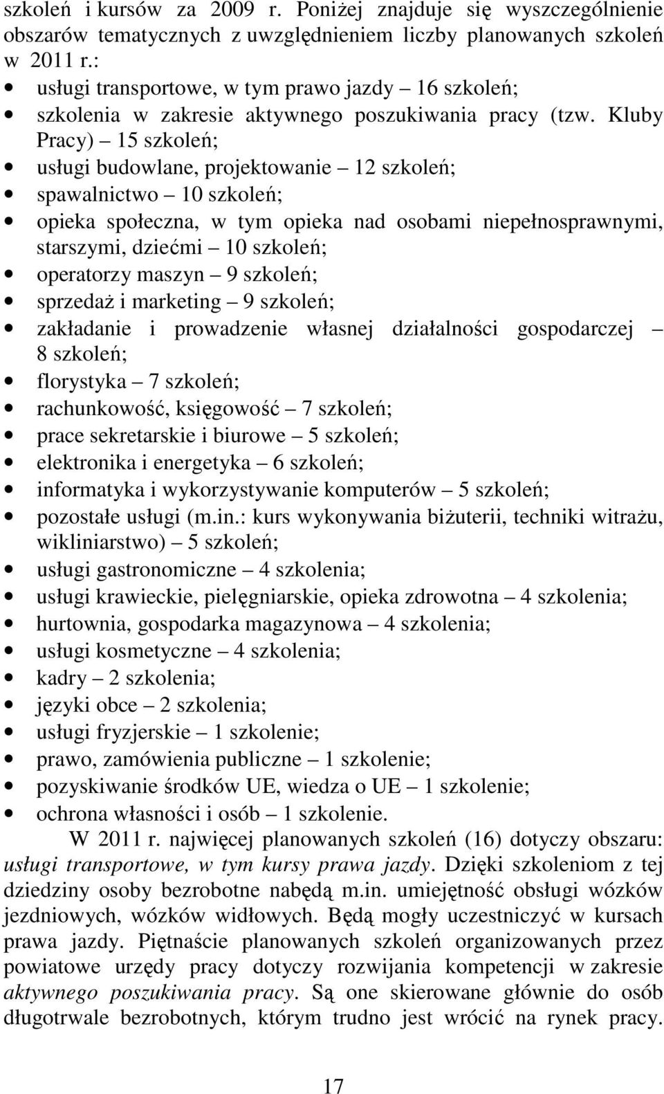 Kluby Pracy) 15 szkoleń; usługi budowlane, projektowanie 12 szkoleń; spawalnictwo 10 szkoleń; opieka społeczna, w tym opieka nad osobami niepełnosprawnymi, starszymi, dziećmi 10 szkoleń; operatorzy