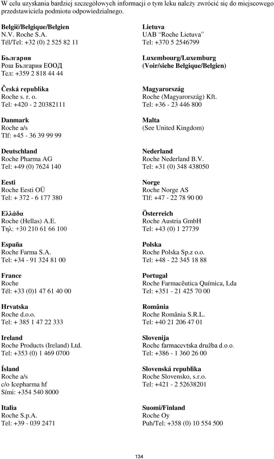 Tel: +420-2 20382111 Danmark Roche a/s Tlf: +45-36 39 99 99 Deutschland Roche Pharma AG Tel: +49 (0) 7624 140 Eesti Roche Eesti OÜ Tel: + 372-6 177 380 Ελλάδα Roche (Hellas) A.E. Τηλ: +30 210 61 66 100 España Roche Farma S.