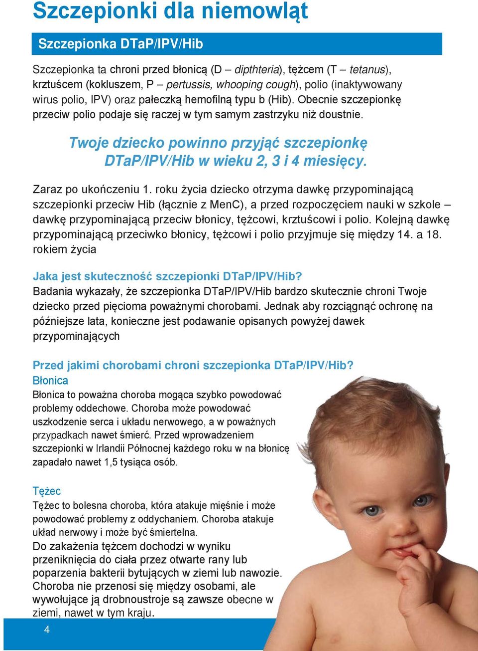 Twoje dziecko powinno przyjąć szczepionkę DTaP/IPV/Hib w wieku 2, 3 i 4 miesięcy. Zaraz po ukończeniu 1.
