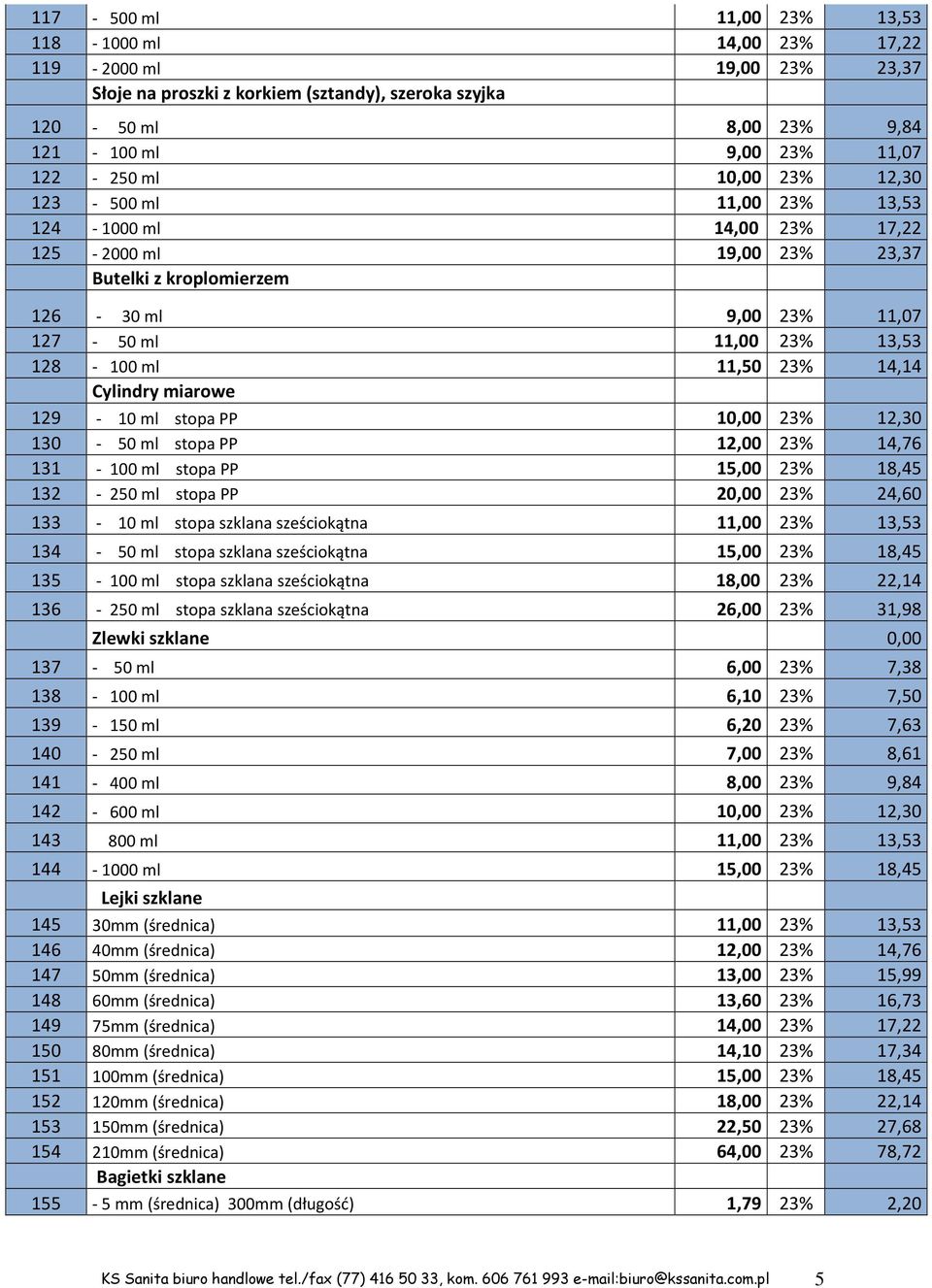 14,14 Cylindry miarowe 129-10 ml stopa PP 10,00 23% 12,30 130-50 ml stopa PP 12,00 23% 14,76 131-100 ml stopa PP 15,00 23% 18,45 132-250 ml stopa PP 20,00 23% 24,60 133-10 ml stopa szklana