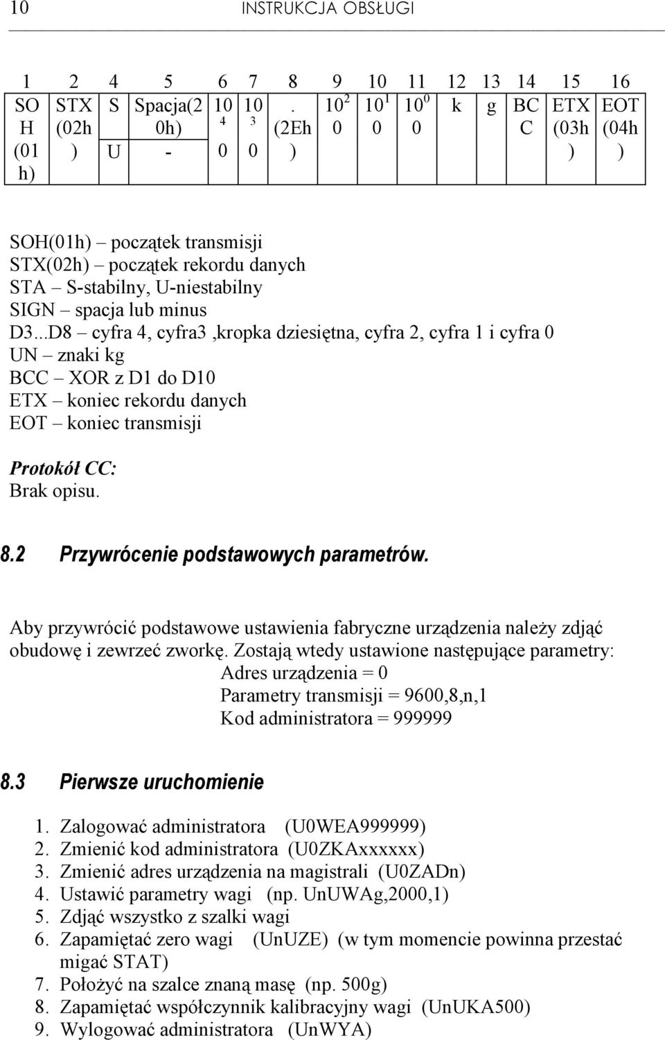 minus D3...D8 cyfra 4, cyfra3,kropka dziesiętna, cyfra 2, cyfra 1 i cyfra 0 UN znaki kg BCC XOR z D1 do D10 ETX koniec rekordu danych EOT koniec transmisji Protokół CC: Brak opisu. 8.