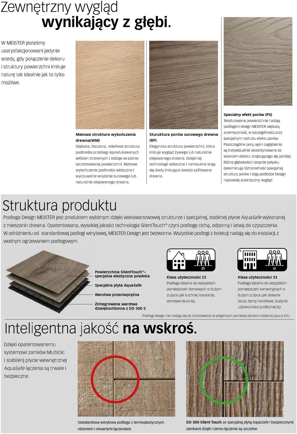 Matowe wykończenie podkreśla widoczne i wyczuwalne wrażenie surowego lub naturalnie olejowanego drewna.
