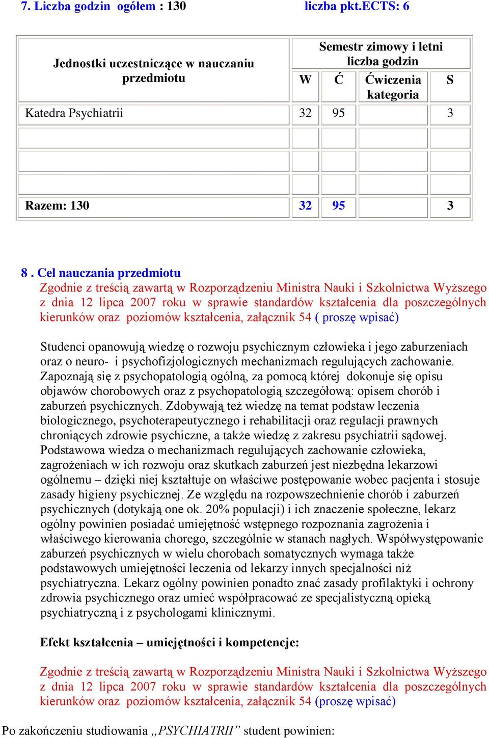 Cel nauczania przedmiotu Zgodnie z treścią zawartą w Rozporządzeniu Ministra Nauki i Szkolnictwa Wyższego z dnia 12 lipca 2007 roku w sprawie standardów kształcenia dla poszczególnych kierunków oraz