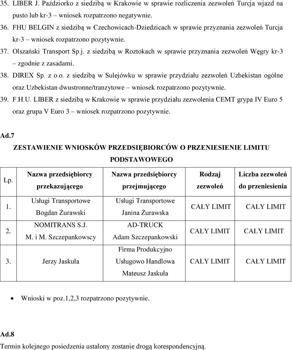 38. DIREX Sp. z o.o. z siedzibą w Sulejówku w sprawie przydziału zezwoleń Uz
