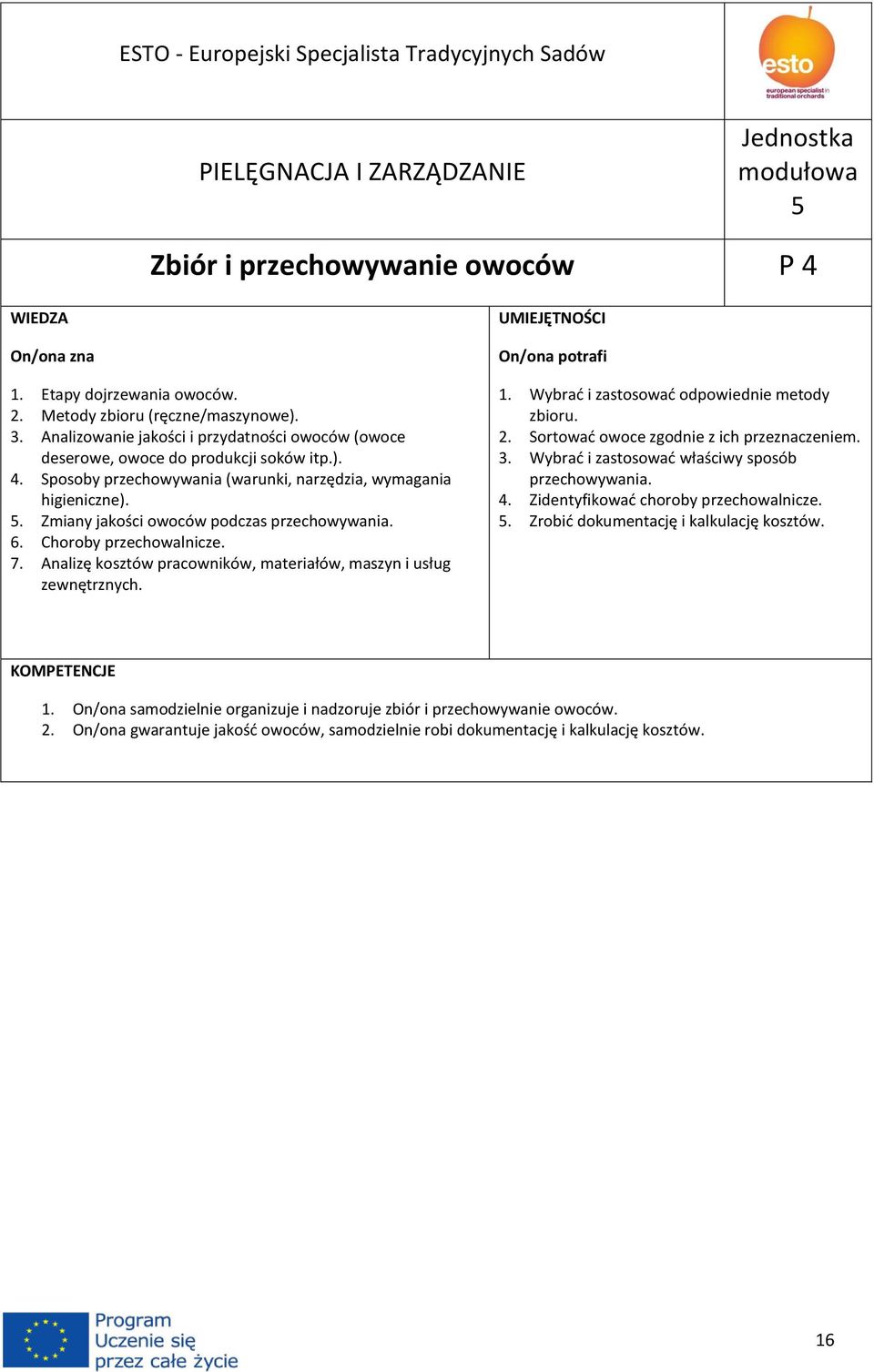 Zmiany jakości owoców podczas przechowywania. 6. Choroby przechowalnicze. 7. Analizę kosztów pracowników, materiałów, maszyn i usług zewnętrznych. 1. Wybrać i zastosować odpowiednie metody zbioru. 2.