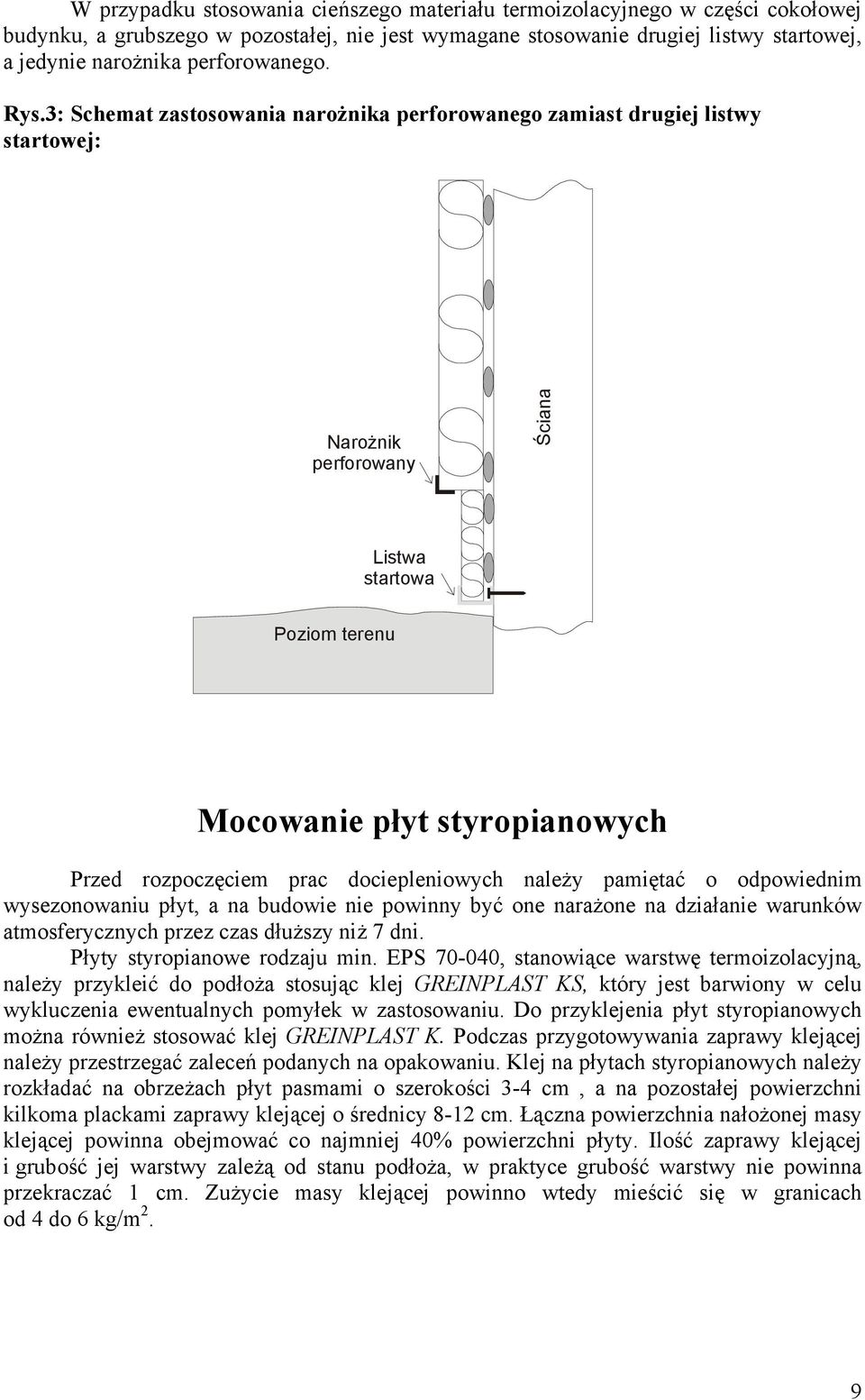 3: Schemat zastosowania narożnika perforowanego zamiast drugiej listwy startowej: Narożnik perforowany Ściana Listwa startowa Poziom terenu Mocowanie płyt styropianowych Przed rozpoczęciem prac