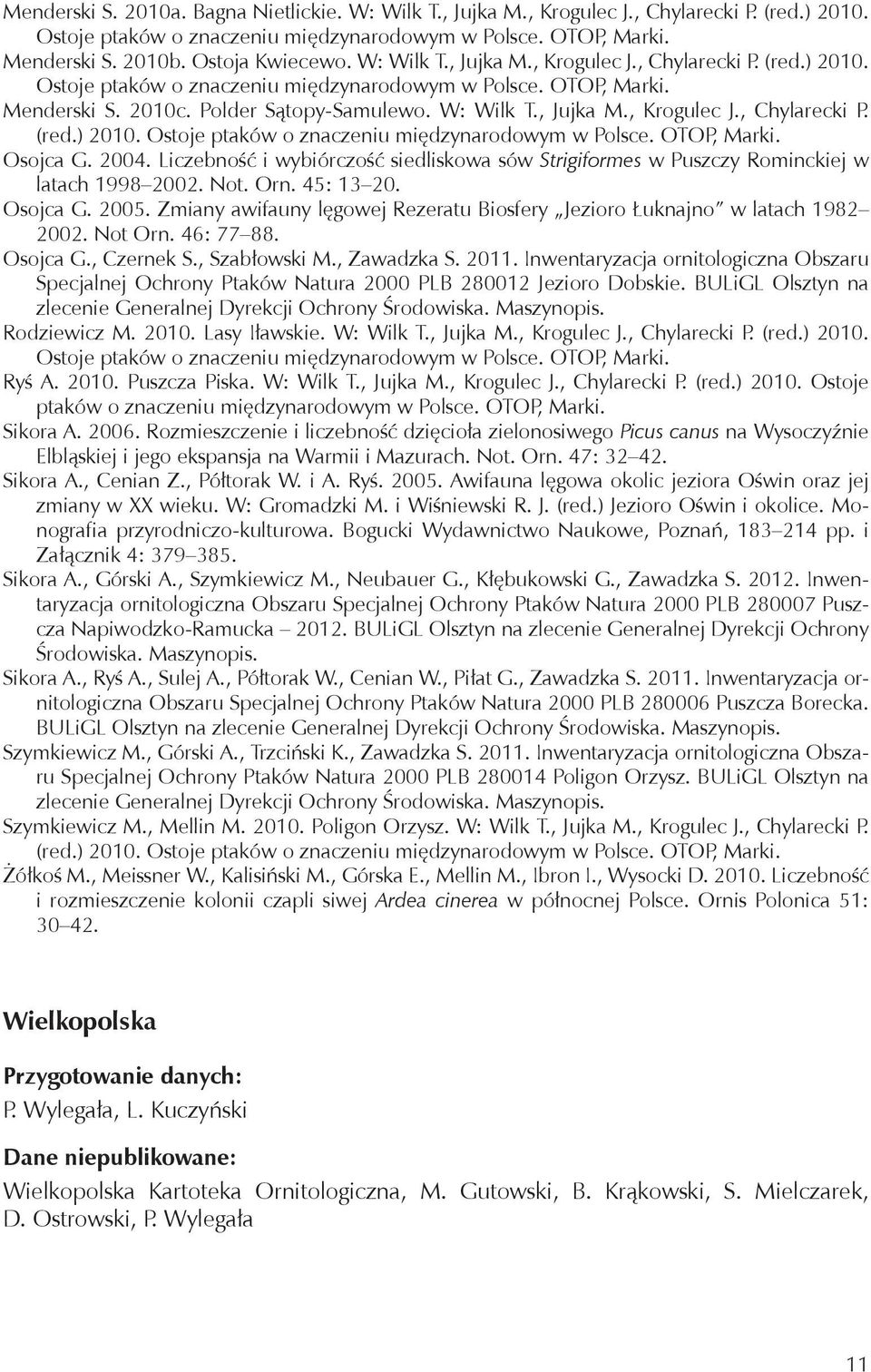 Not. Orn. 45: 13 20. Osojca G. 2005. Zmiany awifauny lęgowej Rezeratu Biosfery Jezioro Łuknajno w latach 1982 2002. Not Orn. 46: 77 88. Osojca G., Czernek S., Szabłowski M., Zawadzka S. 2011.