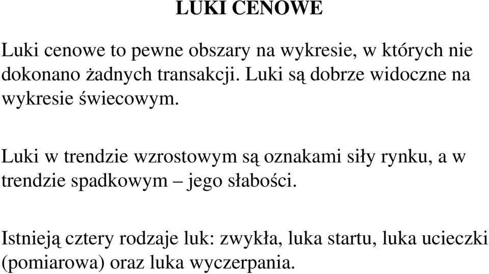 Luki w trendzie wzrostowym są oznakami siły rynku, a w trendzie spadkowym jego