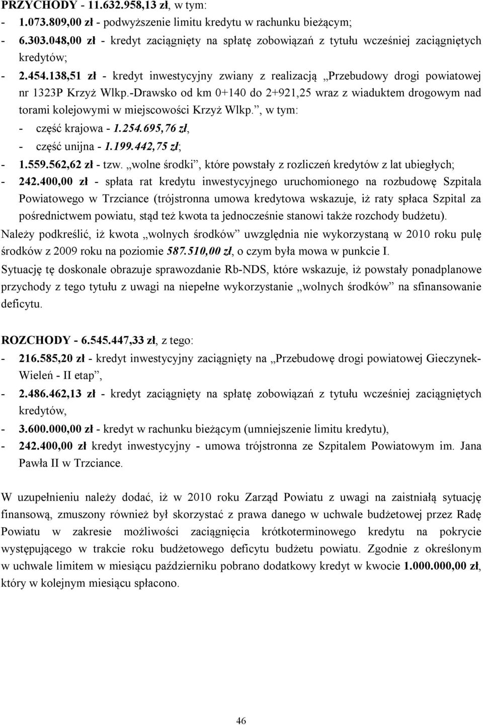 138,51 zł - kredyt inwestycyjny zwiany z realizacją Przebudowy drogi powiatowej nr 1323P Krzyż Wlkp.