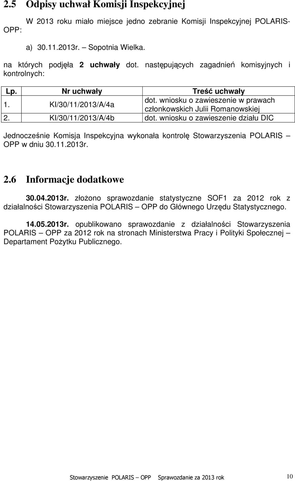 wniosku o zawieszenie działu DIC Jednocześnie Komisja Inspekcyjna wykonała kontrolę Stowarzyszenia POLARIS OPP w dniu 30.11.2013r.