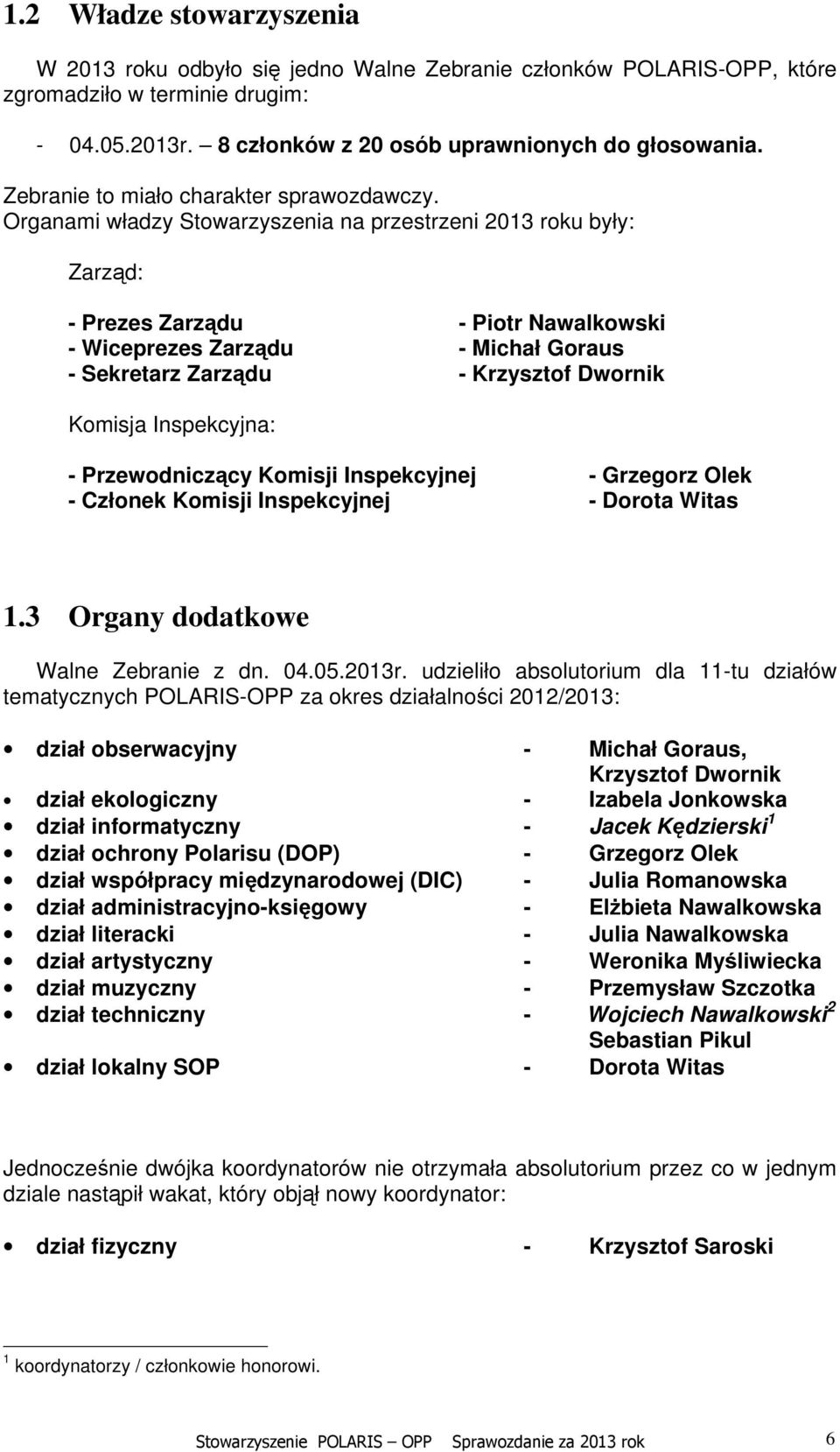 Organami władzy Stowarzyszenia na przestrzeni 2013 roku były: Zarząd: - Prezes Zarządu - Piotr Nawalkowski - Wiceprezes Zarządu - Michał Goraus - Sekretarz Zarządu - Krzysztof Dwornik Komisja