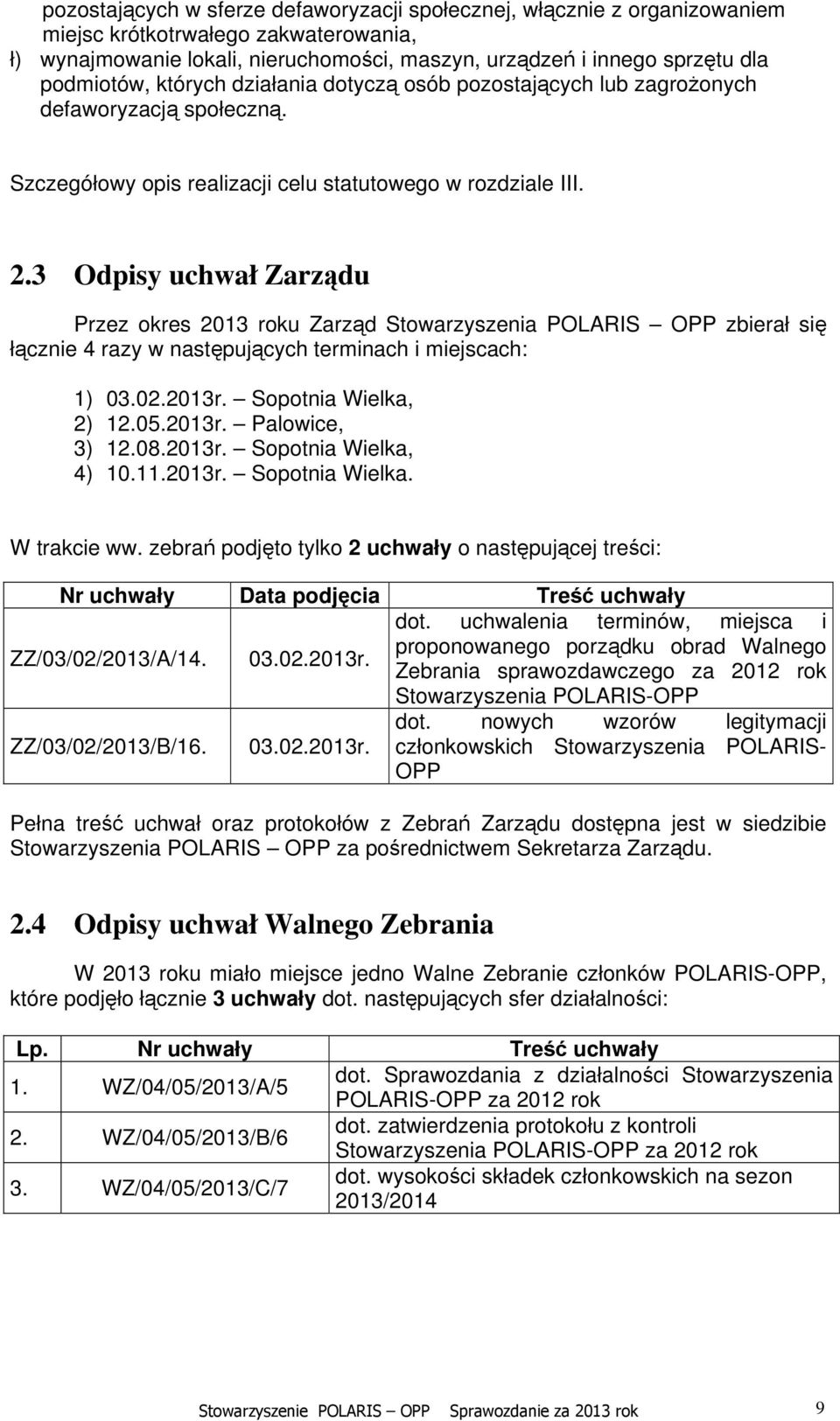 3 Odpisy uchwał Zarządu Przez okres 2013 roku Zarząd Stowarzyszenia POLARIS OPP zbierał się łącznie 4 razy w następujących terminach i miejscach: 1) 03.02.2013r. Sopotnia Wielka, 2) 12.05.2013r. Palowice, 3) 12.