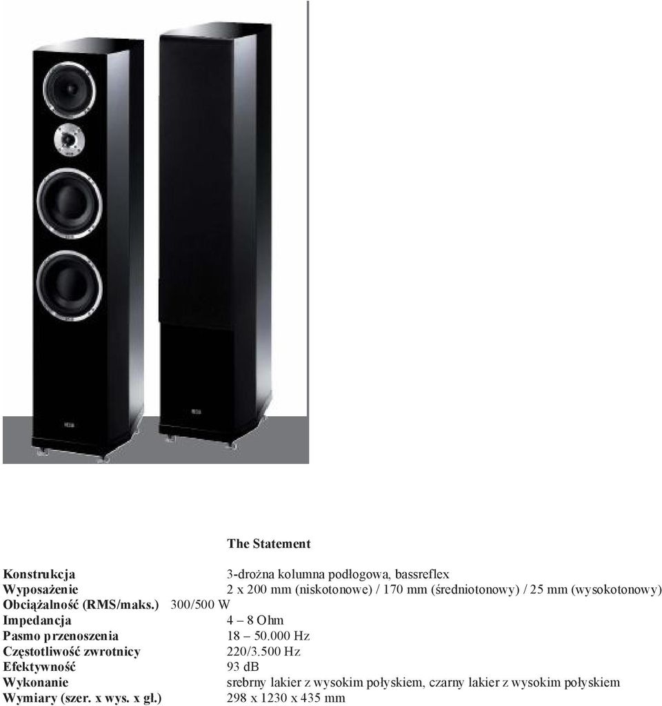 ) 300/500 W Impedancja 4 8 Ohm Pasmo przenoszenia 18 50.000 Hz Częstotliwość zwrotnicy 220/3.