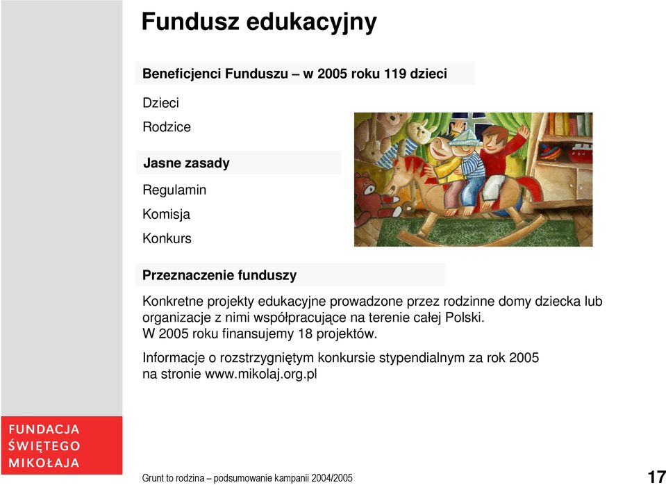 organizacje z nimi współpracujące na terenie całej Polski. W 2005 roku finansujemy 18 projektów.