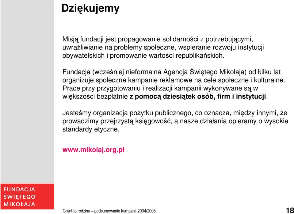 Prace przy przygotowaniu i realizacji kampanii wykonywane są w większości bezpłatnie z pomocą dziesiątek osób, firm i instytucji.