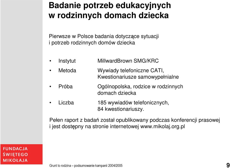 rodzice w rodzinnych domach dziecka Liczba 185 wywiadów telefonicznych, 84 kwestionariuszy.