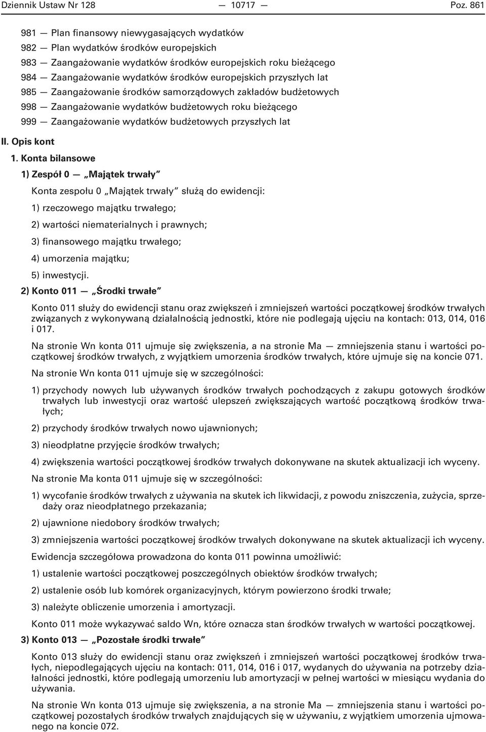 przyszłych lat 985 Zaangażowanie środków samorządowych zakładów budżetowych 998 Zaangażowanie wydatków budżetowych roku bieżącego 999 Zaangażowanie wydatków budżetowych przyszłych lat II. Opis kont 1.