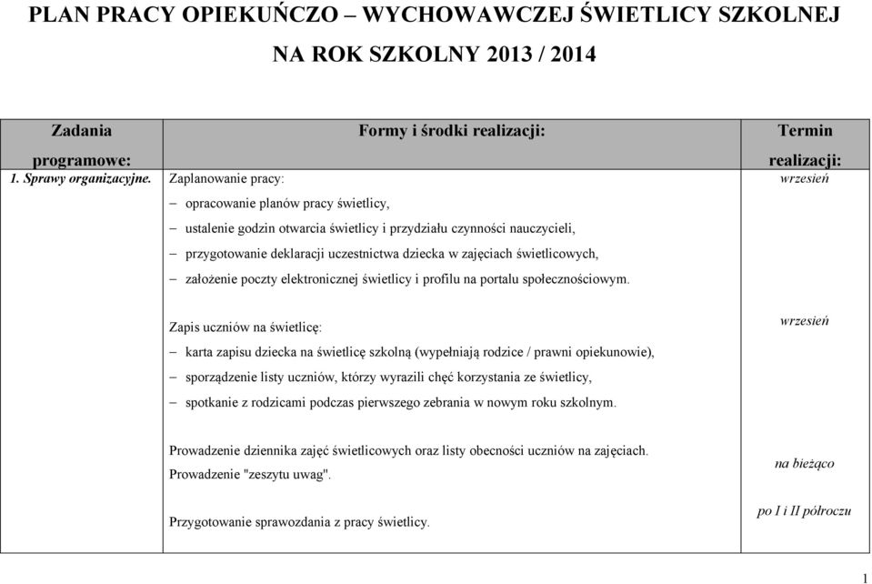 świetlicowych, założenie poczty elektronicznej świetlicy i profilu na portalu społecznościowym.