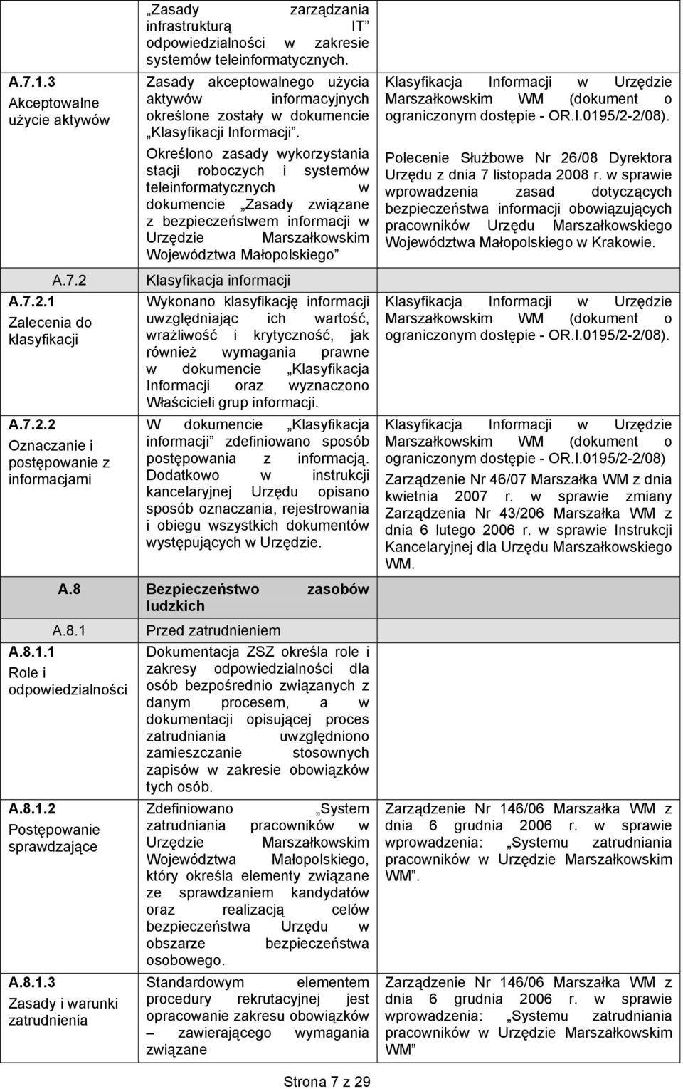 Określono zasady wykorzystania stacji roboczych i systemów teleinformatycznych w dokumencie Zasady związane z bezpieczeństwem w Województwa Małopolskiego Klasyfikacja Wykonano klasyfikację