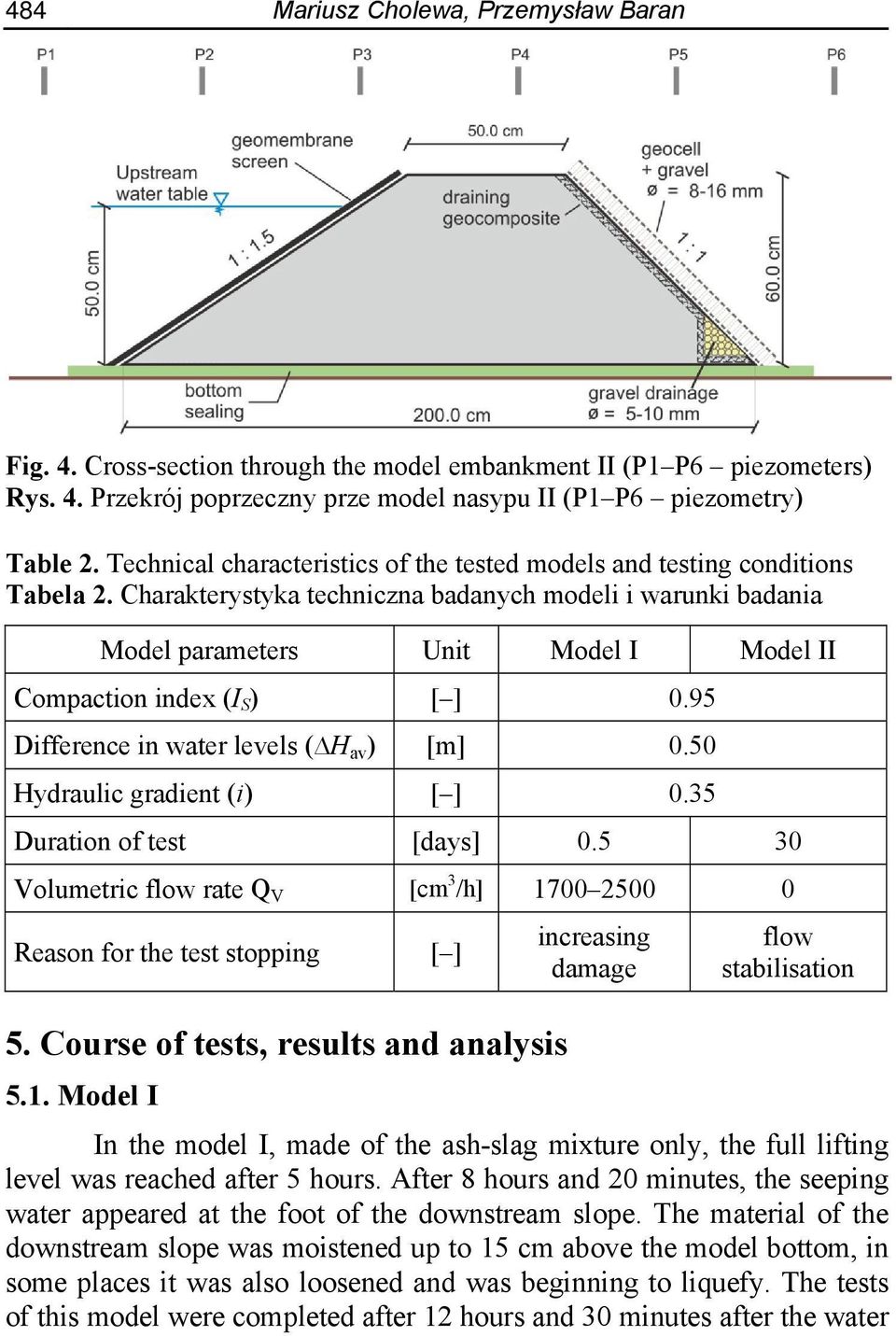 Charakterystyka techniczna badanych modeli i warunki badania Model parameters Unit Model I Model II Compaction index (I S ) [ ] 0.95 Difference in water levels ( H av ) [m] 0.