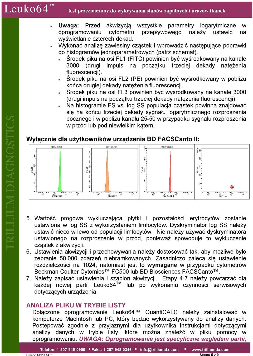 Środek piku na osi FL1 (FITC) powinien być wyśrodkowany na kanale 3000 (drugi impuls na początku trzeciej dekady natężenia fluorescencji).