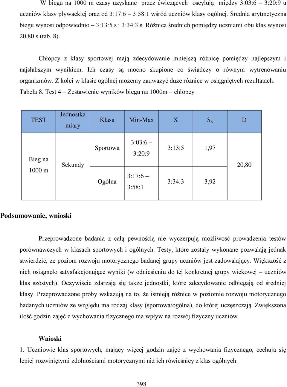 Chłopcy z klasy sportowej mają zdecydowanie mniejszą różnicę pomiędzy najlepszym i najsłabszym wynikiem. Ich czasy są mocno skupione co świadczy o równym wytrenowaniu organizmów.