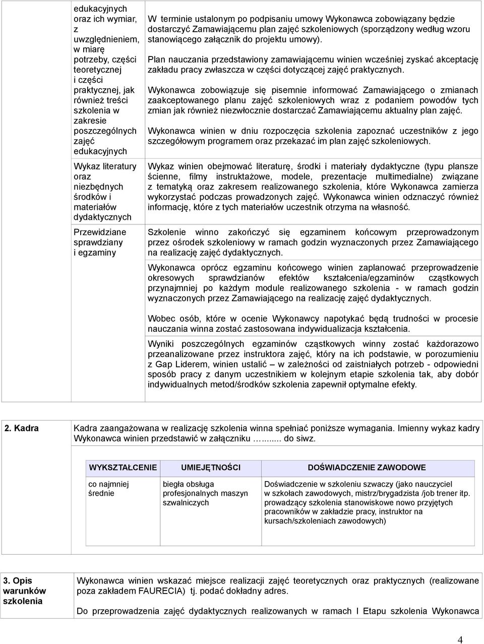 szkoleniowych (sporządzony według wzoru stanowiącego załącznik do projektu umowy).