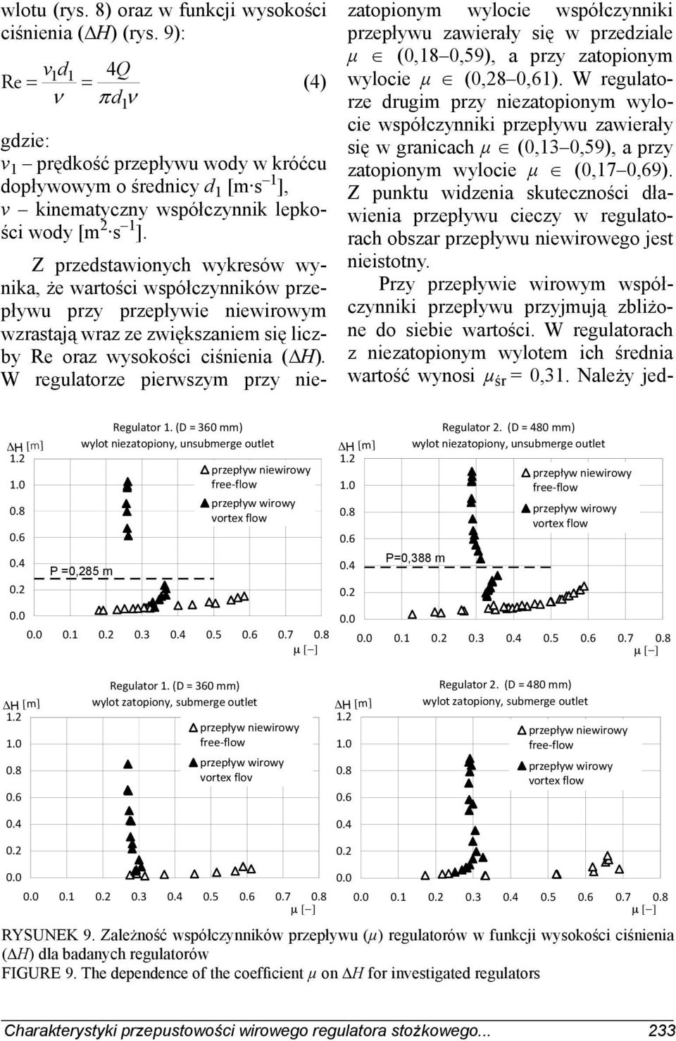 Z przedstawionych wykresów wynika, że wartości współczynników przepływu przy przepływie niewirowym wzrastają wraz ze zwiększaniem się liczby Re oraz wysokości ciśnienia (ΔH).