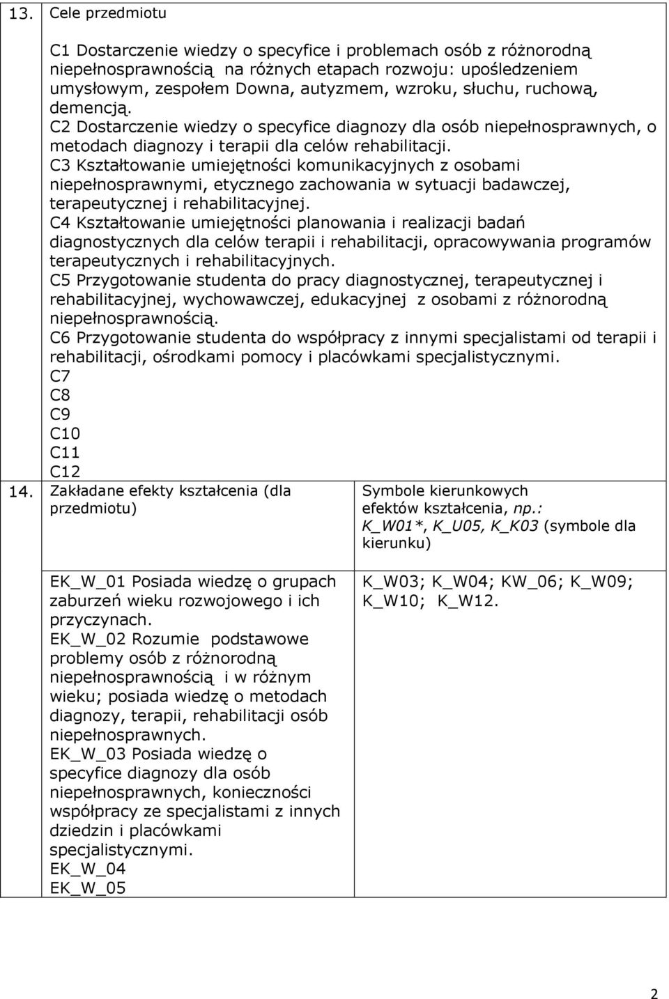 C3 Kształtowanie umiejętności komunikacyjnych z osobami niepełnosprawnymi, etycznego zachowania w sytuacji badawczej, terapeutycznej i rehabilitacyjnej.