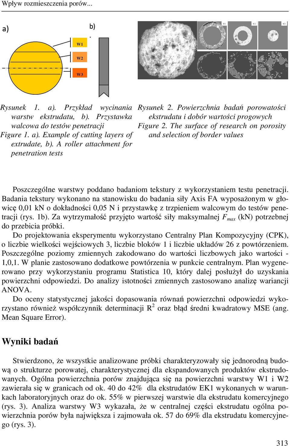 The surface of research on porosity and selection of border values Poszczególne warstwy poddano badaniom tekstury z wykorzystaniem testu penetracji.