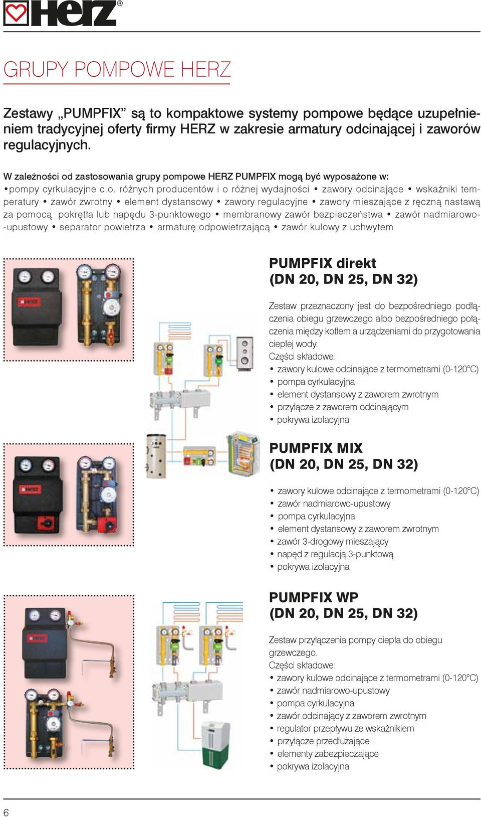 ci od zastosowania grupy pompowe HERZ PUMPFIX mogą być wyposażone w: pompy cyrkulacyjne c.o. różnych producentów i o różnej wydajności zawory odcinające wskaźniki temperatury zawór zwrotny element