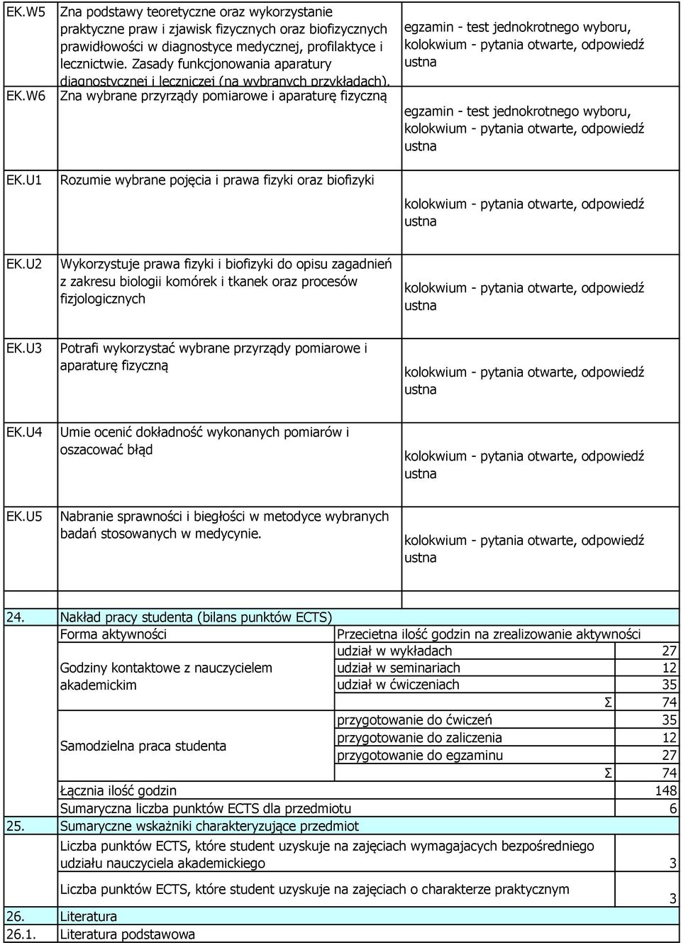 U2 Wykorzystuje prawa fizyki i biofizyki do opisu zagadnień z zakresu biologii komórek i tkanek oraz procesów fizjologicznych EK.