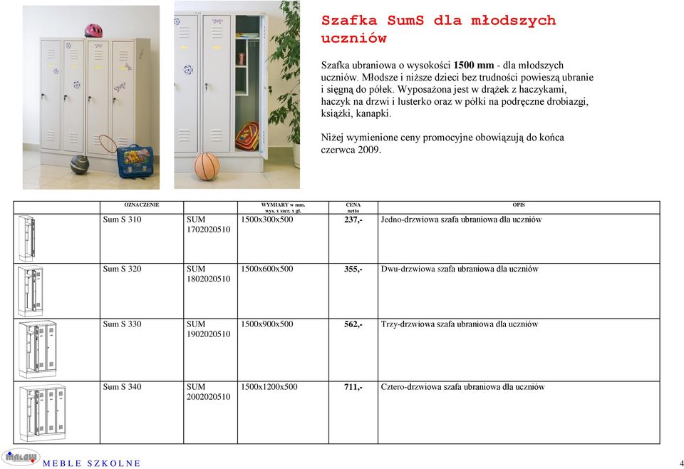 Niżej wymienione ceny promocyjne obowiązują do końca czerwca 2009. Sum S 310 OZNACZENIE 1702020510 WYMIARY w mm.