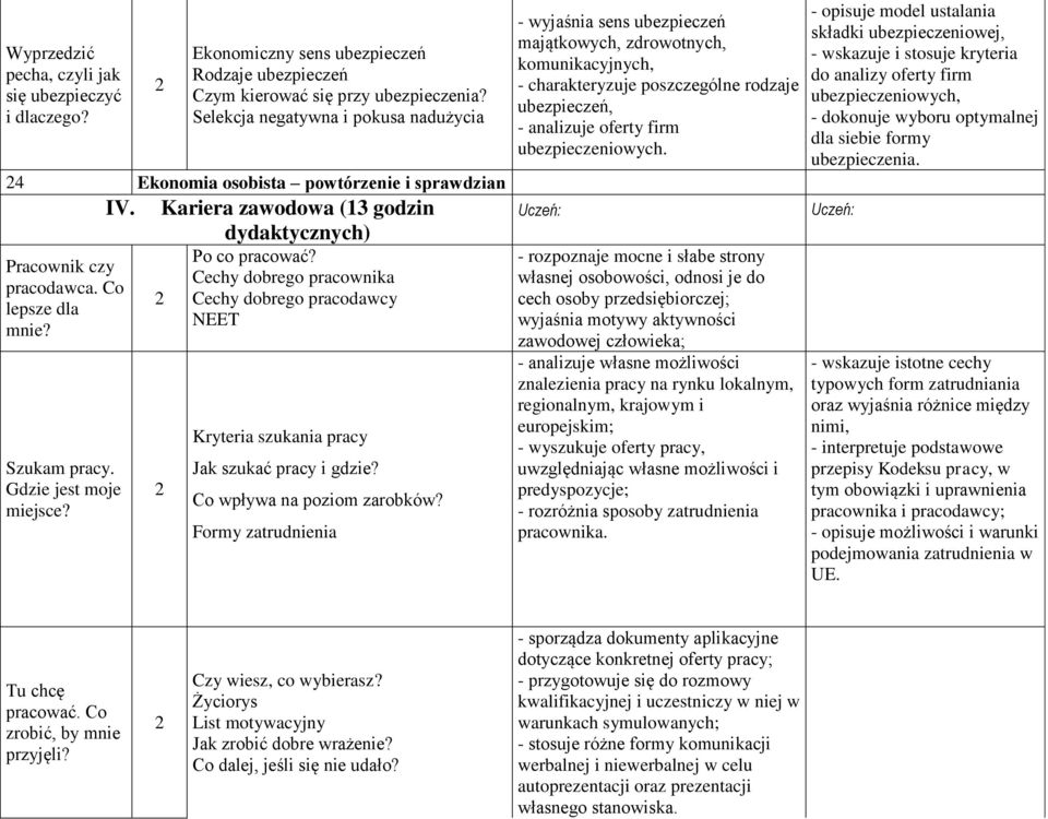 Kariera zawodowa (13 godzin Po co pracować? Cechy dobrego pracownika Cechy dobrego pracodawcy NEET Kryteria szukania pracy Jak szukać pracy i gdzie? Co wpływa na poziom zarobków?