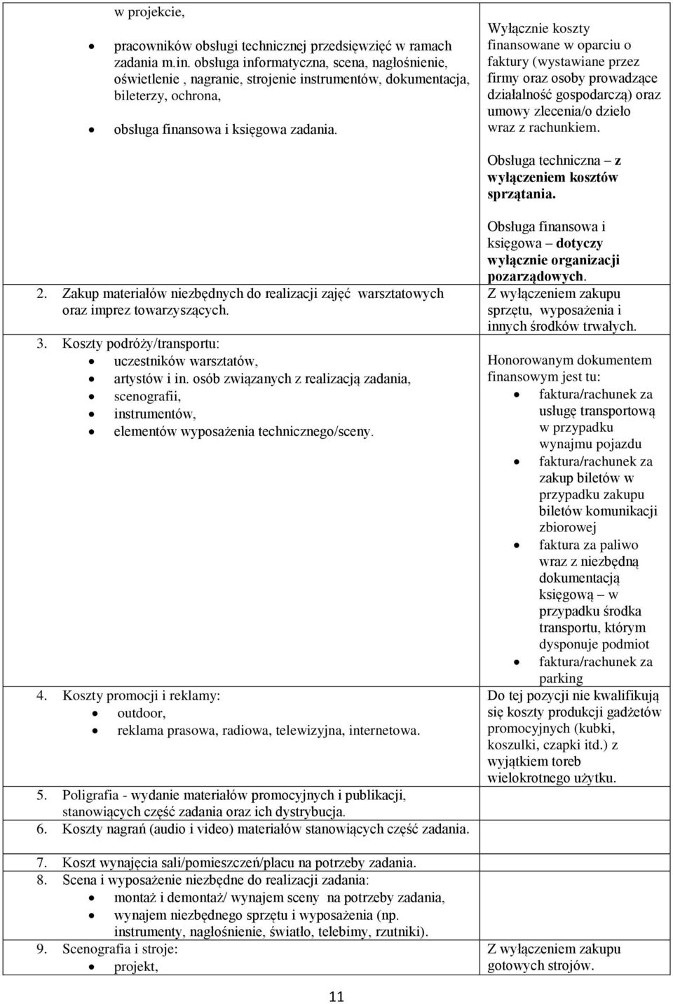 Wyłącznie koszty finansowane w oparciu o faktury (wystawiane przez firmy oraz osoby prowadzące działalność gospodarczą) oraz umowy zlecenia/o dzieło wraz z rachunkiem.