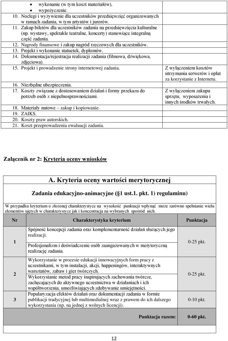 Nagrody finansowe i zakup nagród rzeczowych dla uczestników. 13. Projekt i wykonanie statuetek, dyplomów. 14. Dokumentacja/rejestracja realizacji zadania (filmowa, dźwiękowa, zdjęciowa). 15.